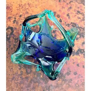 Vintage Murano Blue Green Stretch Freeform Glass Bowl Basket